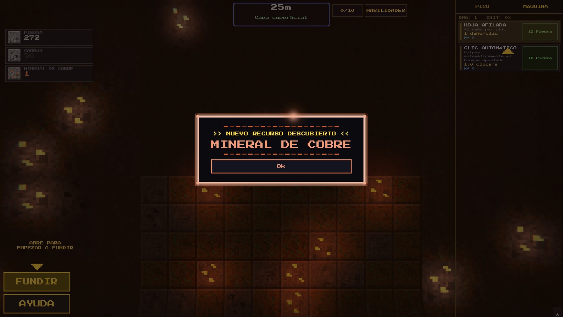 Gameplay de Idle Deepcore: minas y upgrades